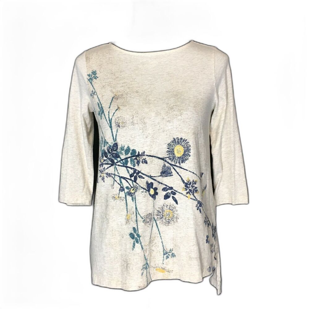 Pure Jill Top XS Heather Beige‎ Floral Blue Tee Shirt Asymmetric HI LO Stretch